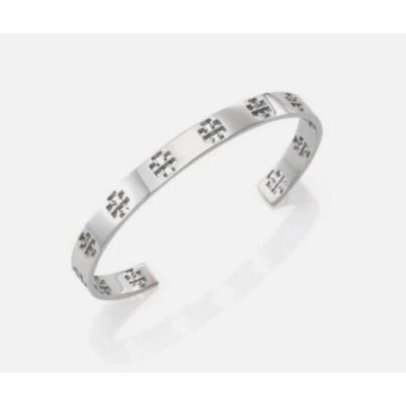 NEW!  Tory Burch Silver Logo T Pierced Logo Cuff Bracelet - Picture 1 of 4